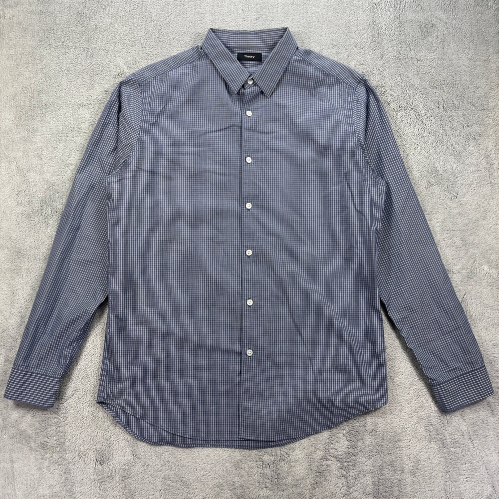 Theory Button Up Shirt Mens L Blue Merten Kalmin Grid Pattern Cotton Long Slv